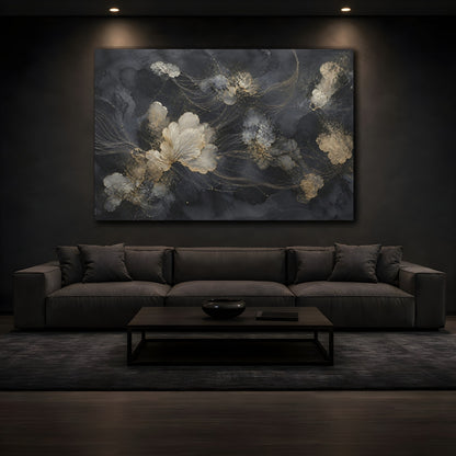Mockup 3. Floral Abstract Flowers Black And Gold shown as stretched canvas wall art