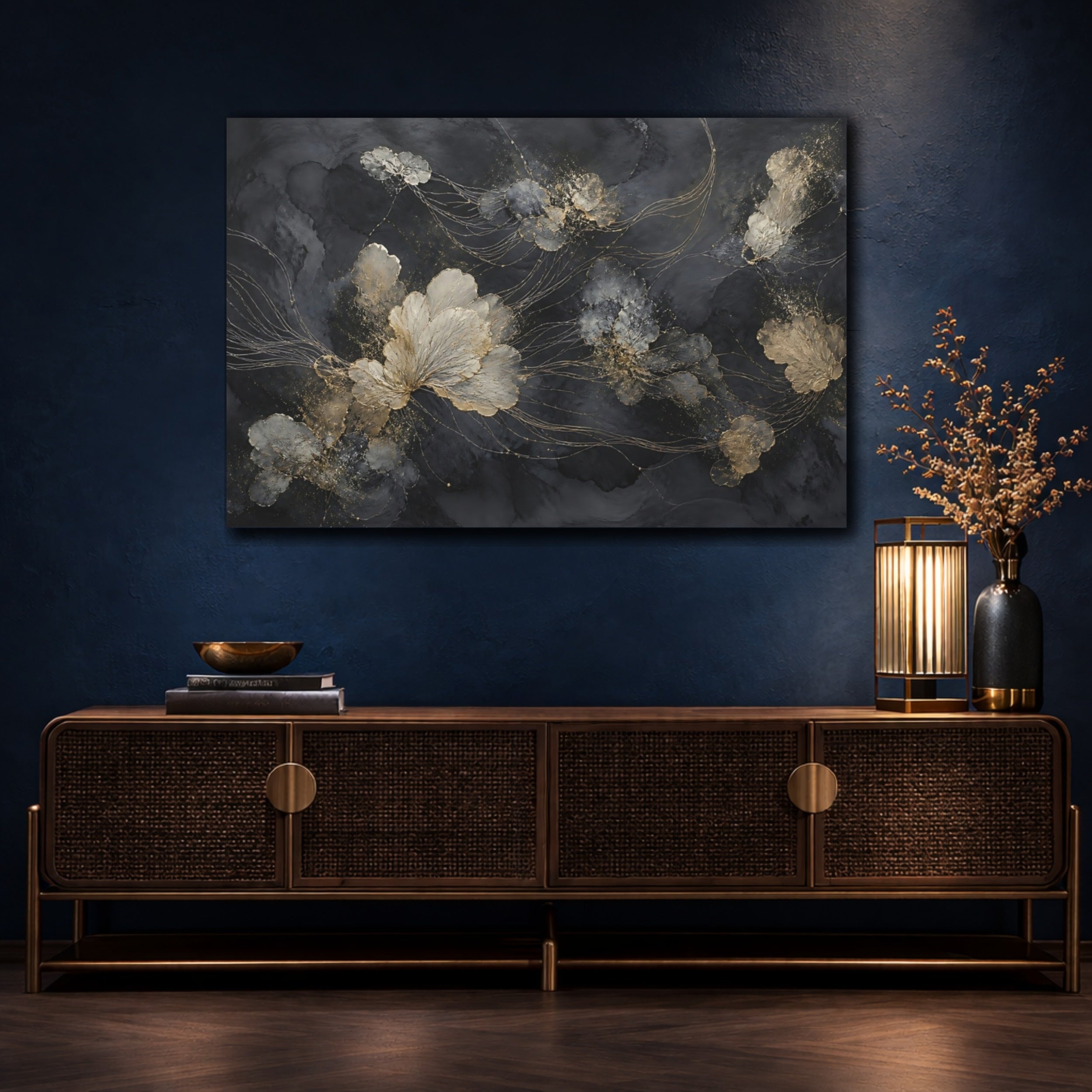Mockup 4. Floral Abstract Flowers Black And Gold shown as stretched canvas wall art