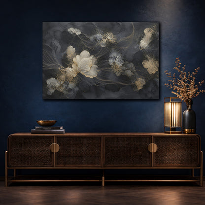 Mockup 4. Floral Abstract Flowers Black And Gold shown as stretched canvas wall art