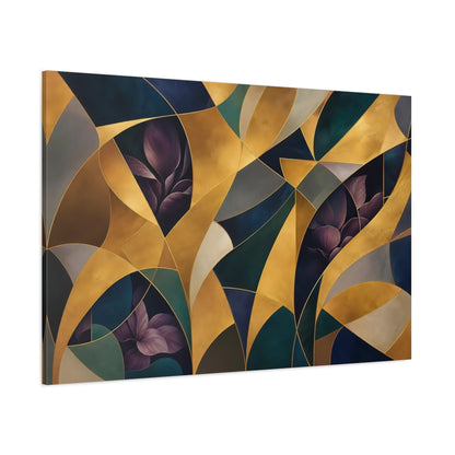 Side Mockup 1. Floral Abstract Foliage Gold And Purple Foliage shown as stretched canvas wall art