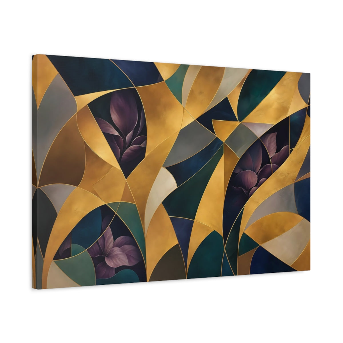 Side Mockup 2. Floral Abstract Foliage Gold And Purple Foliage shown as stretched canvas wall art