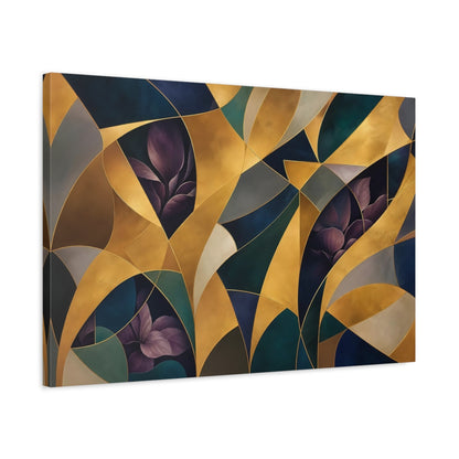 Side Mockup 2. Floral Abstract Foliage Gold And Purple Foliage shown as stretched canvas wall art
