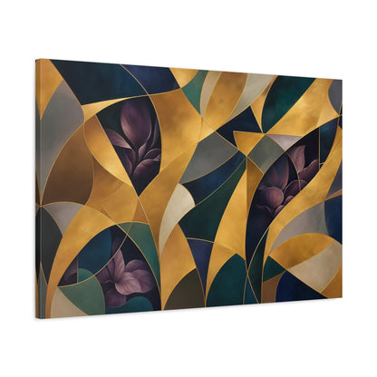 Main Mockup. Floral Abstract Foliage Gold And Purple Foliage shown as stretched canvas wall art