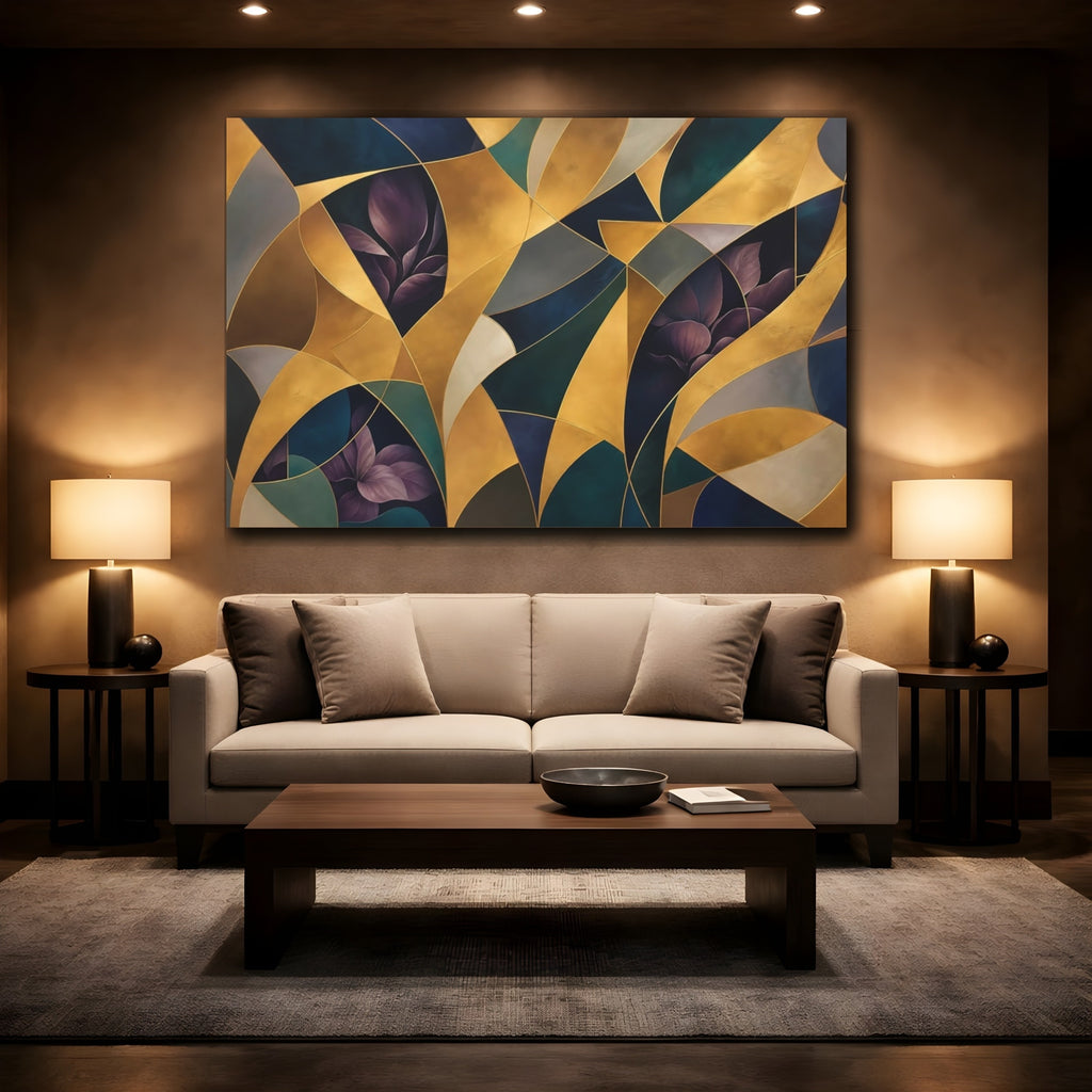 Mockup 2. Floral Abstract Foliage Gold And Purple Foliage shown as stretched canvas wall art