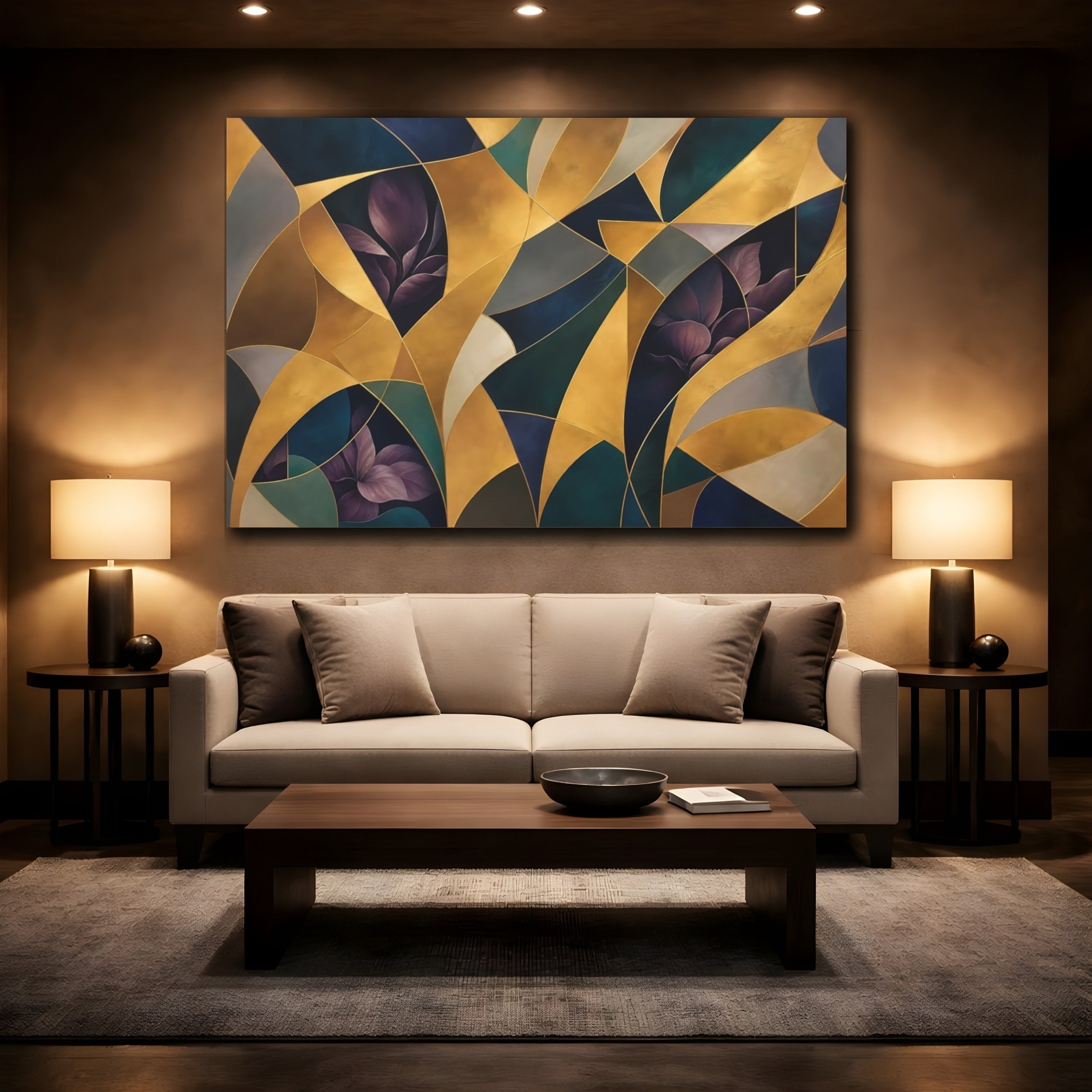 Mockup 2. Floral Abstract Foliage Gold And Purple Foliage shown as stretched canvas wall art
