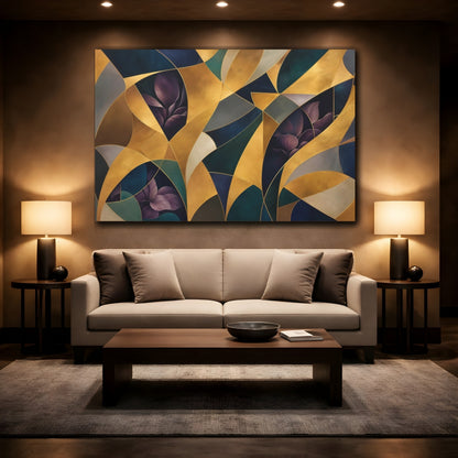 Mockup 2. Floral Abstract Foliage Gold And Purple Foliage shown as stretched canvas wall art