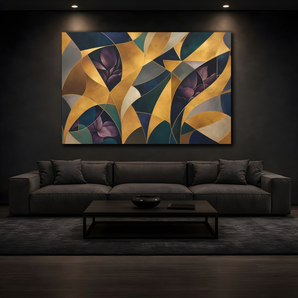 Mockup 3. Floral Abstract Foliage Gold And Purple Foliage shown as stretched canvas wall art
