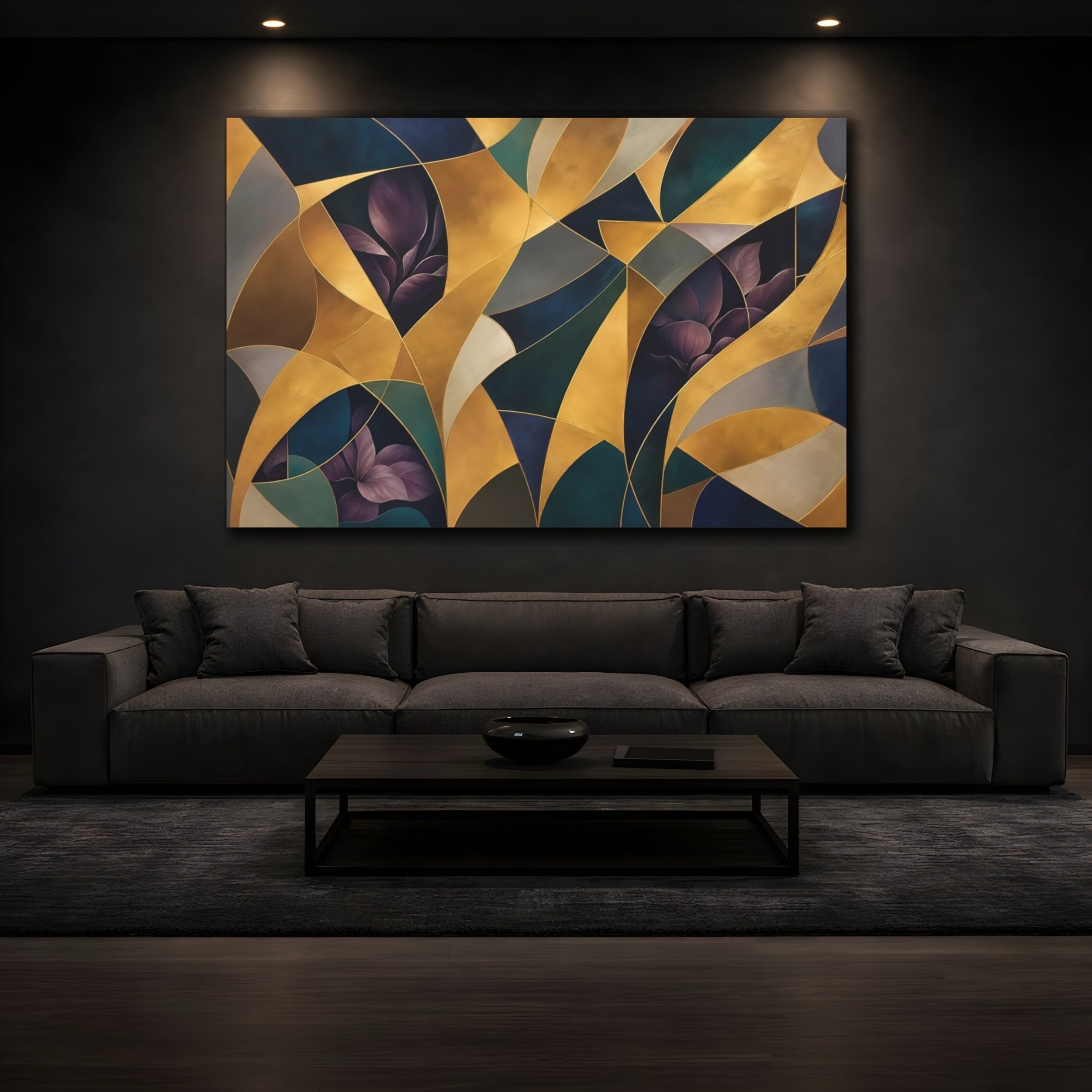 Mockup 3. Floral Abstract Foliage Gold And Purple Foliage shown as stretched canvas wall art