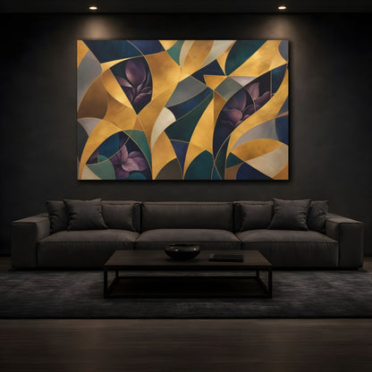 Mockup 3. Floral Abstract Foliage Gold And Purple Foliage shown as stretched canvas wall art