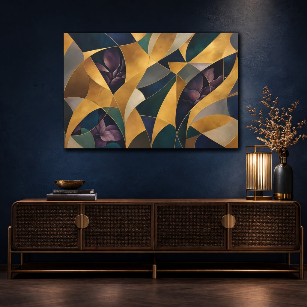 Mockup 4. Floral Abstract Foliage Gold And Purple Foliage shown as stretched canvas wall art