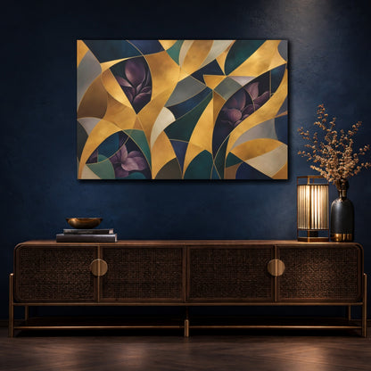 Mockup 4. Floral Abstract Foliage Gold And Purple Foliage shown as stretched canvas wall art