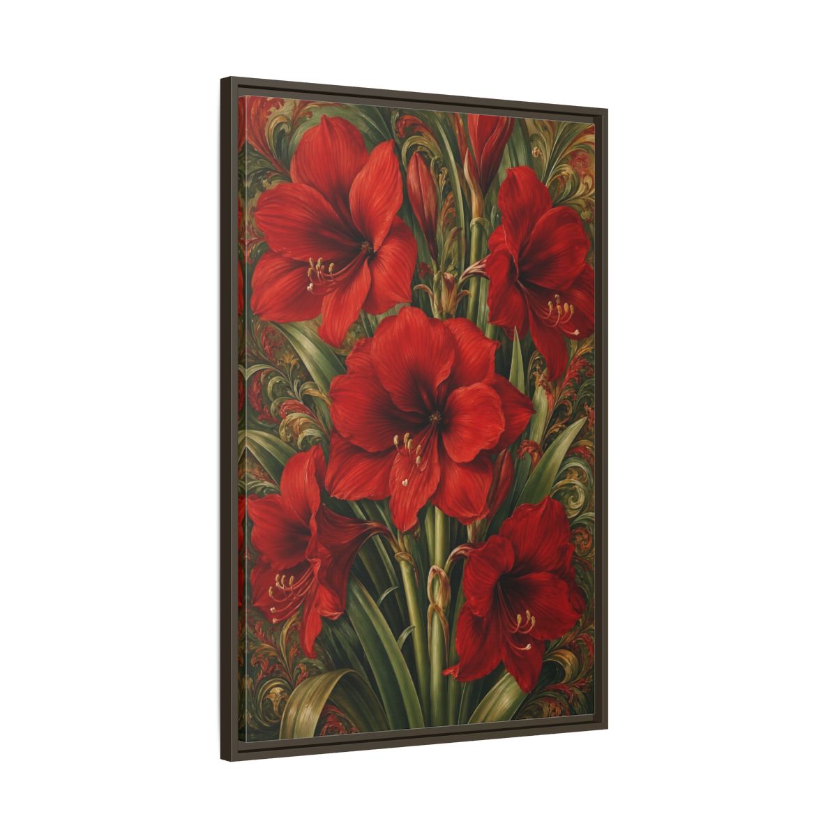 Main Mockup. Floral Amaryllis Red And Green Floral shown as stretched canvas wall art