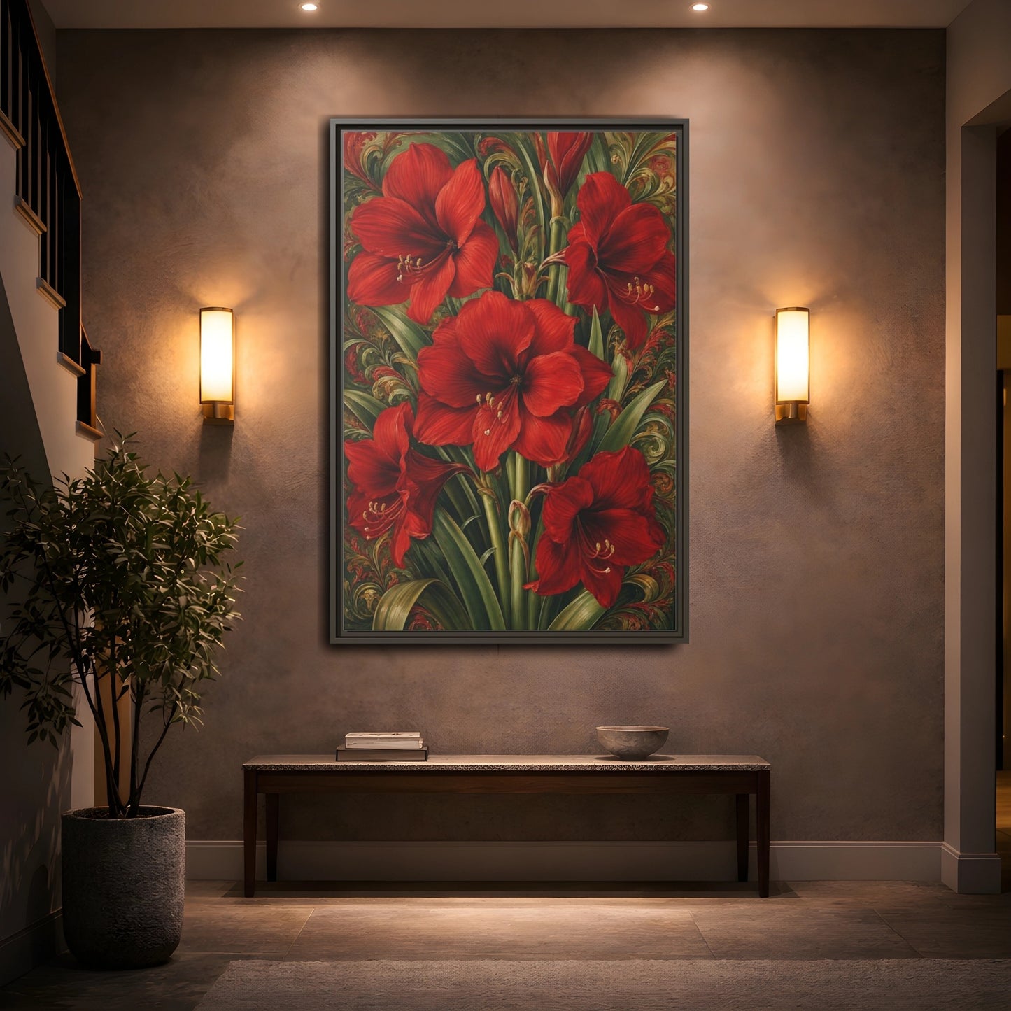 Mockup 2. Floral Amaryllis Red And Green Floral shown as stretched canvas wall art