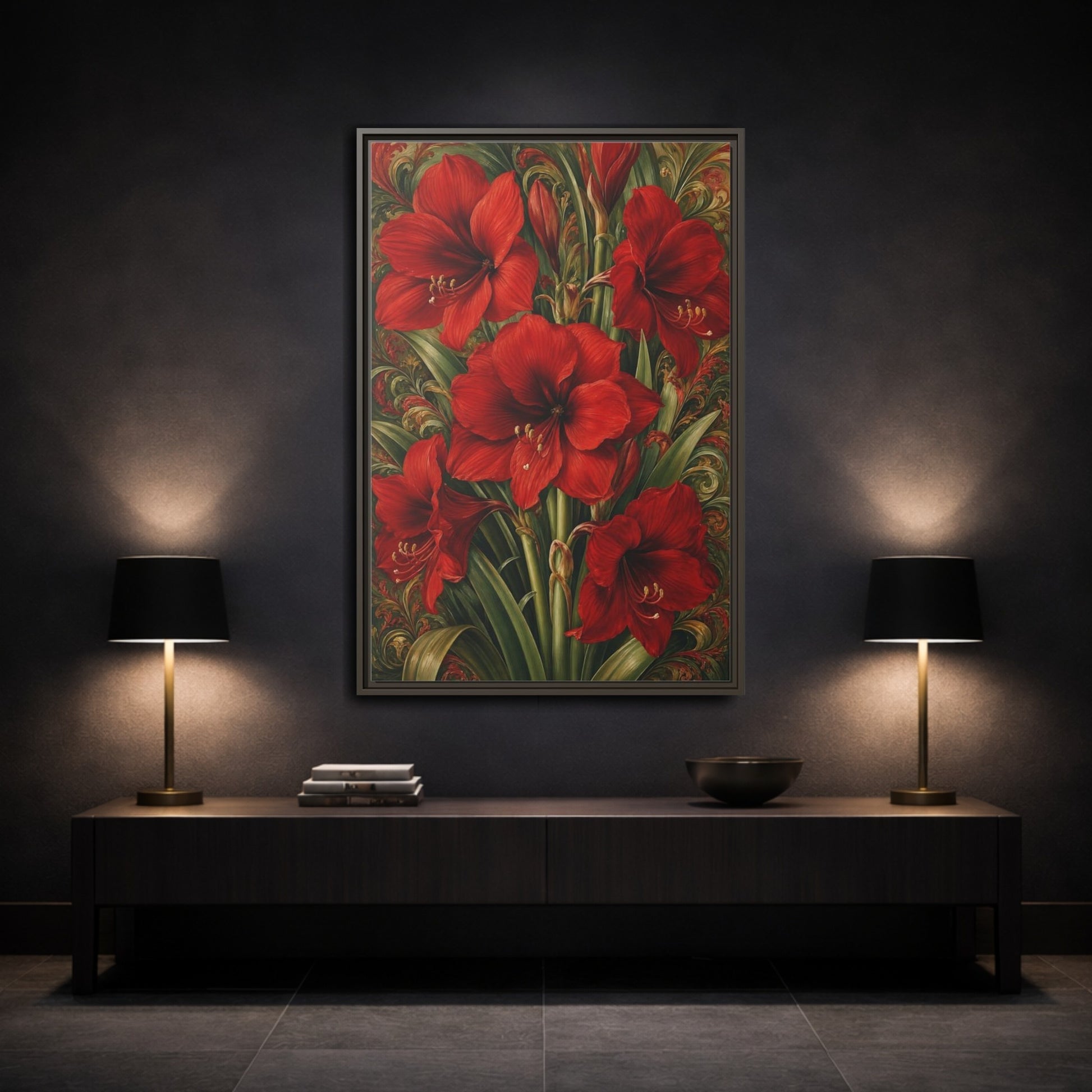 Mockup 3. Floral Amaryllis Red And Green Floral shown as stretched canvas wall art