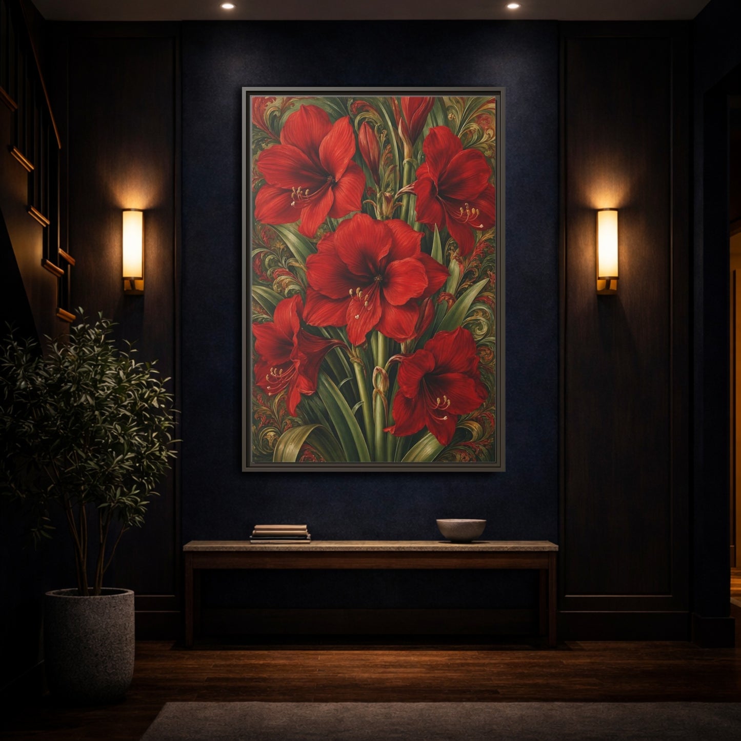 Mockup 4. Floral Amaryllis Red And Green Floral shown as stretched canvas wall art