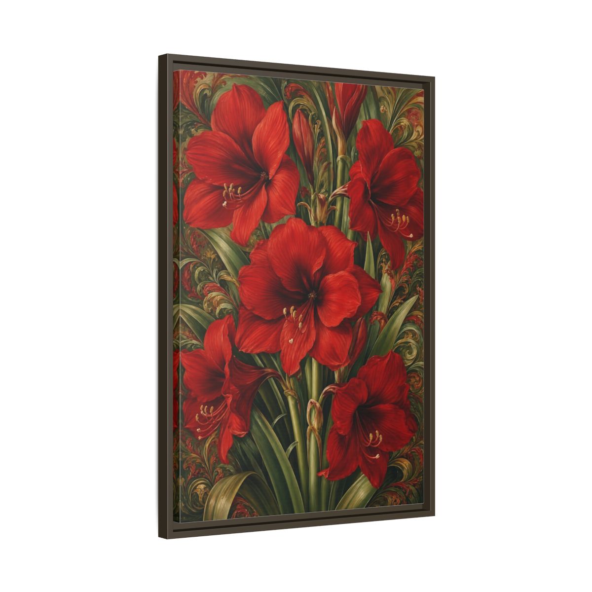 Side Mockup 11. Floral Amaryllis Red And Green Floral shown as stretched canvas wall art