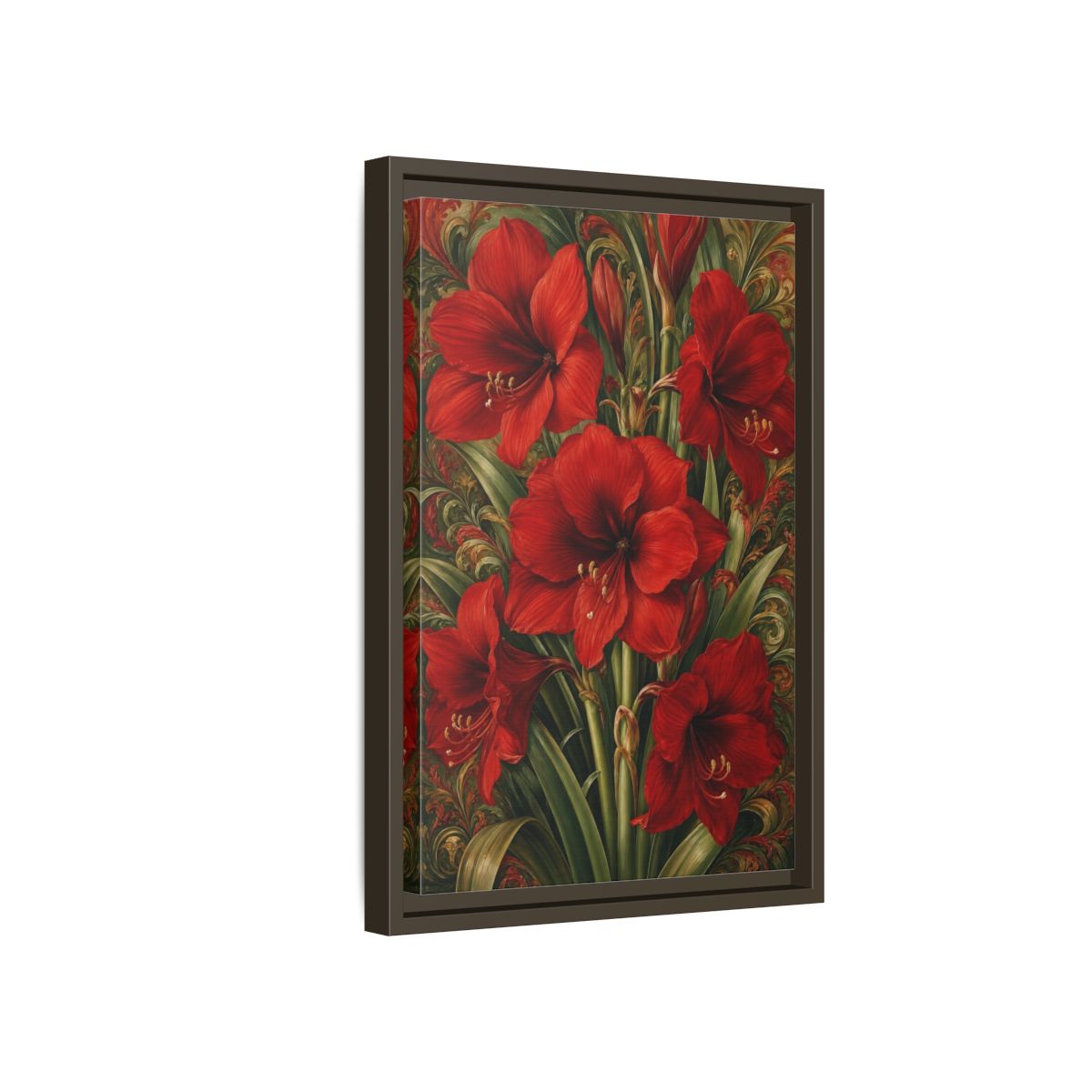 Side Mockup 5. Floral Amaryllis Red And Green Floral shown as stretched canvas wall art
