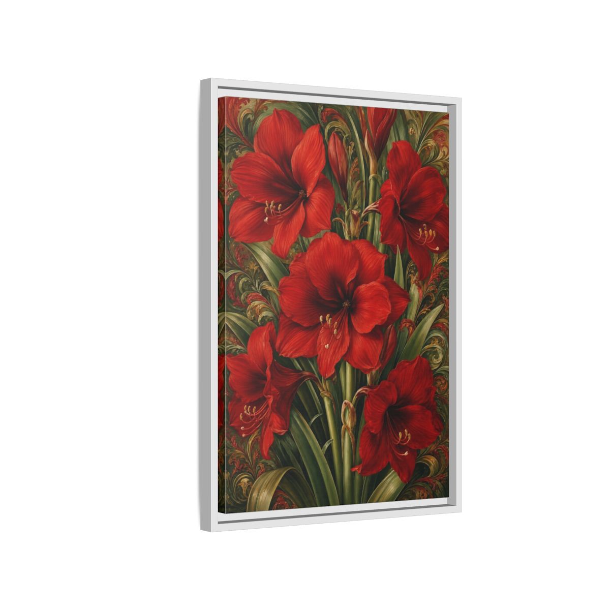 Side Mockup 1. Floral Amaryllis Red And Green Floral shown as stretched canvas wall art