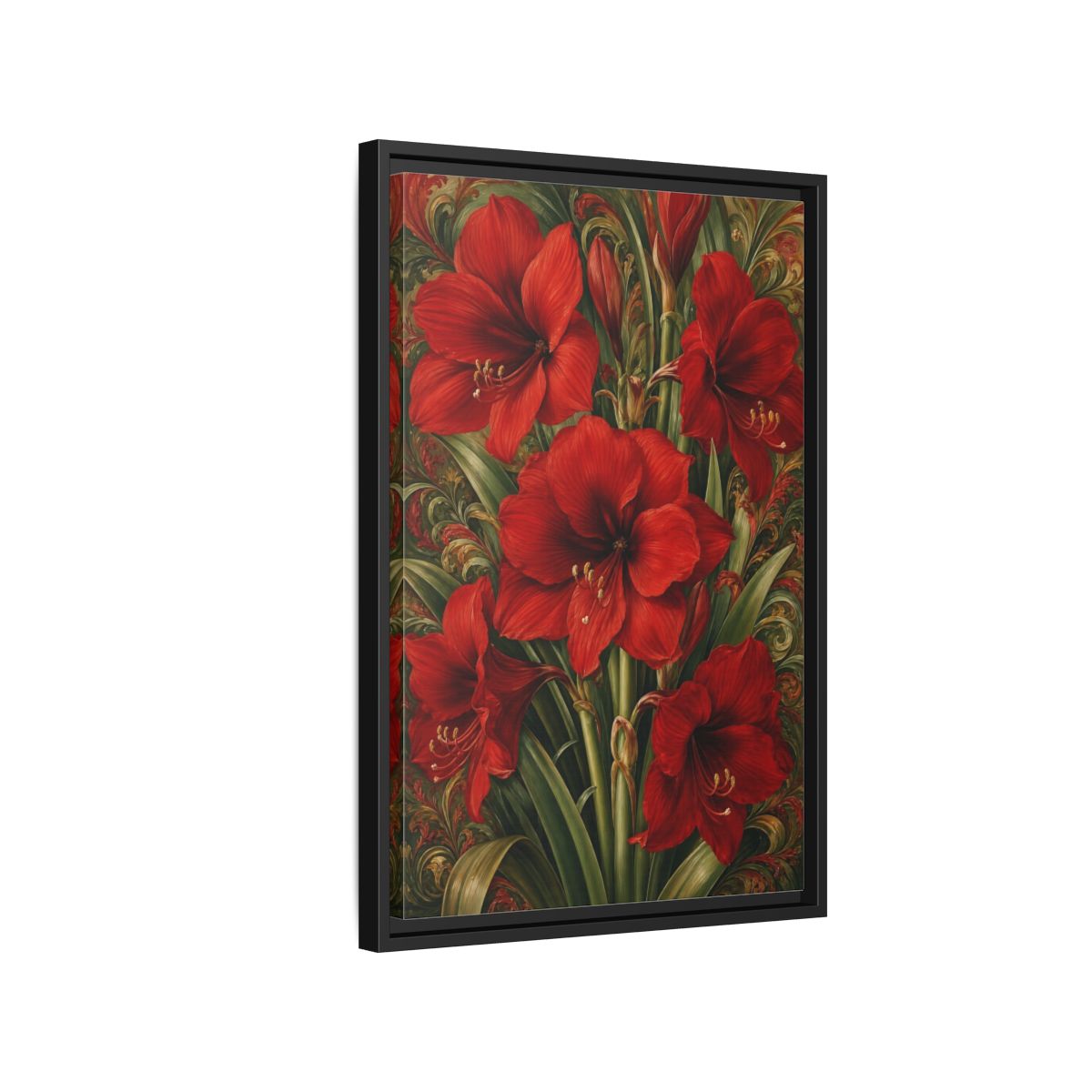 Side Mockup 3. Floral Amaryllis Red And Green Floral shown as stretched canvas wall art