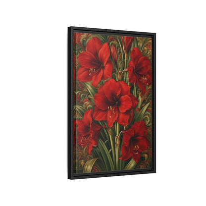 Side Mockup 3. Floral Amaryllis Red And Green Floral shown as stretched canvas wall art