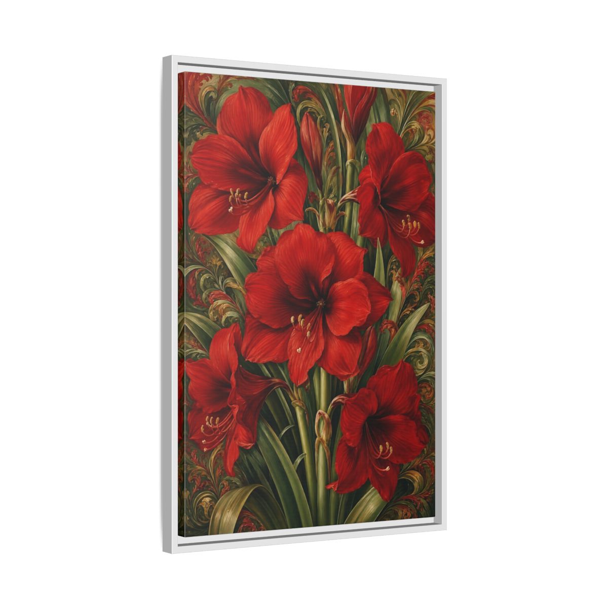 Side Mockup 10. Floral Amaryllis Red And Green Floral shown as stretched canvas wall art