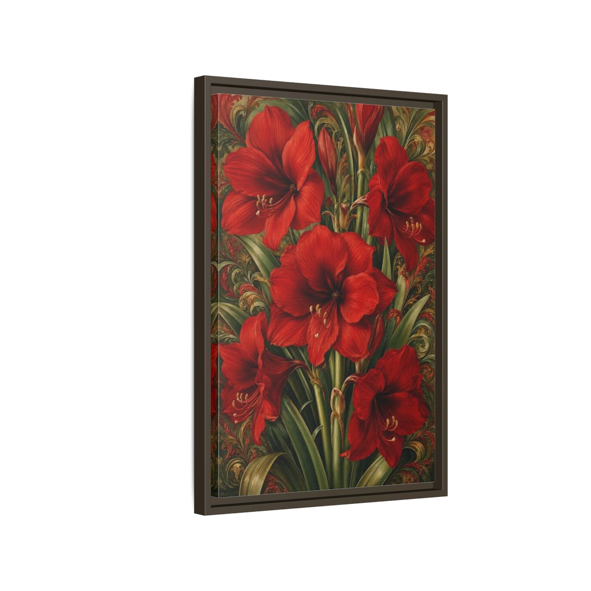 Side Mockup 2. Floral Amaryllis Red And Green Floral shown as stretched canvas wall art