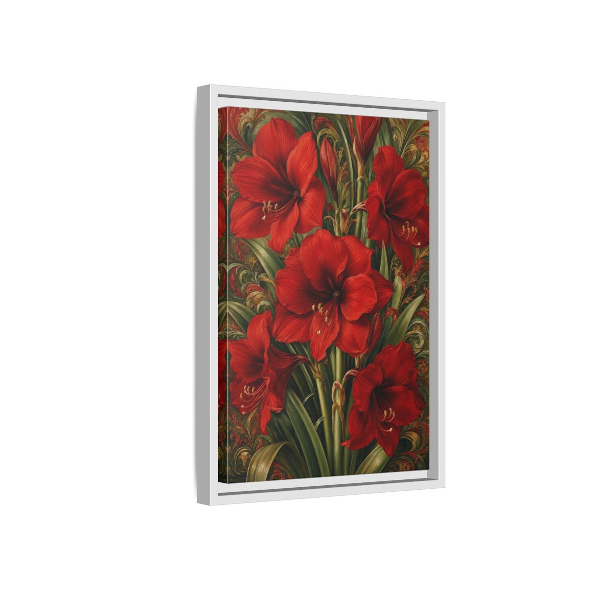 Side Mockup 4. Floral Amaryllis Red And Green Floral shown as stretched canvas wall art