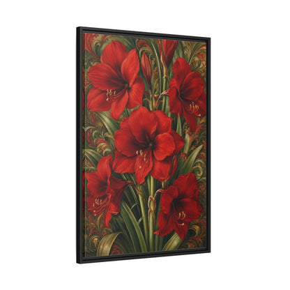 Side Mockup 13. Floral Amaryllis Red And Green Floral shown as stretched canvas wall art