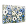 Side Mockup 4. Floral Anemones, Ranunculus Blue And White Floral shown as stretched canvas wall art