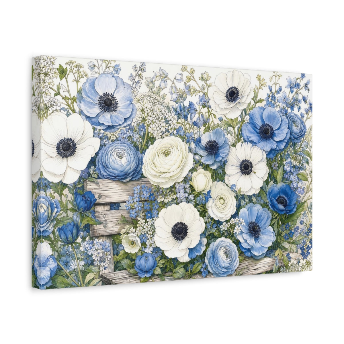 Side Mockup 4. Floral Anemones, Ranunculus Blue And White Floral shown as stretched canvas wall art