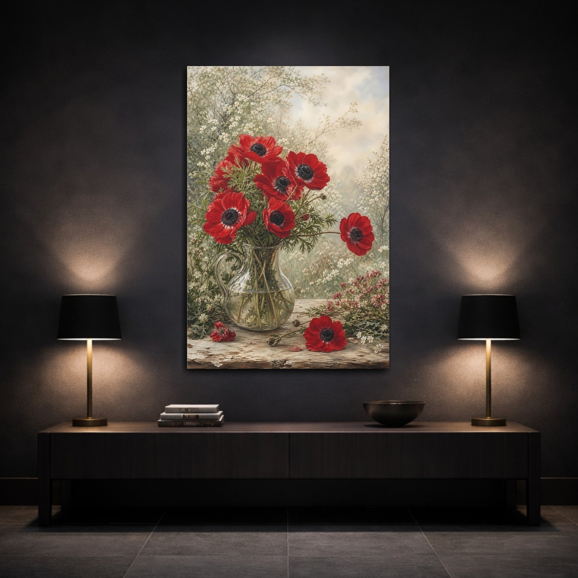 Mockup 3. Floral Anemones Red Anemones shown as stretched canvas wall art