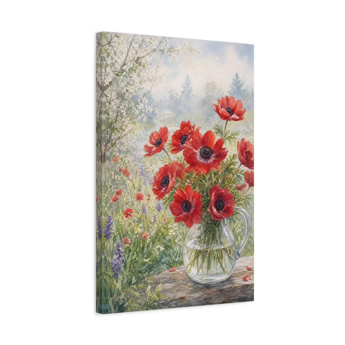 Side Mockup 3. Floral Anemones Red Floral shown as stretched canvas wall art