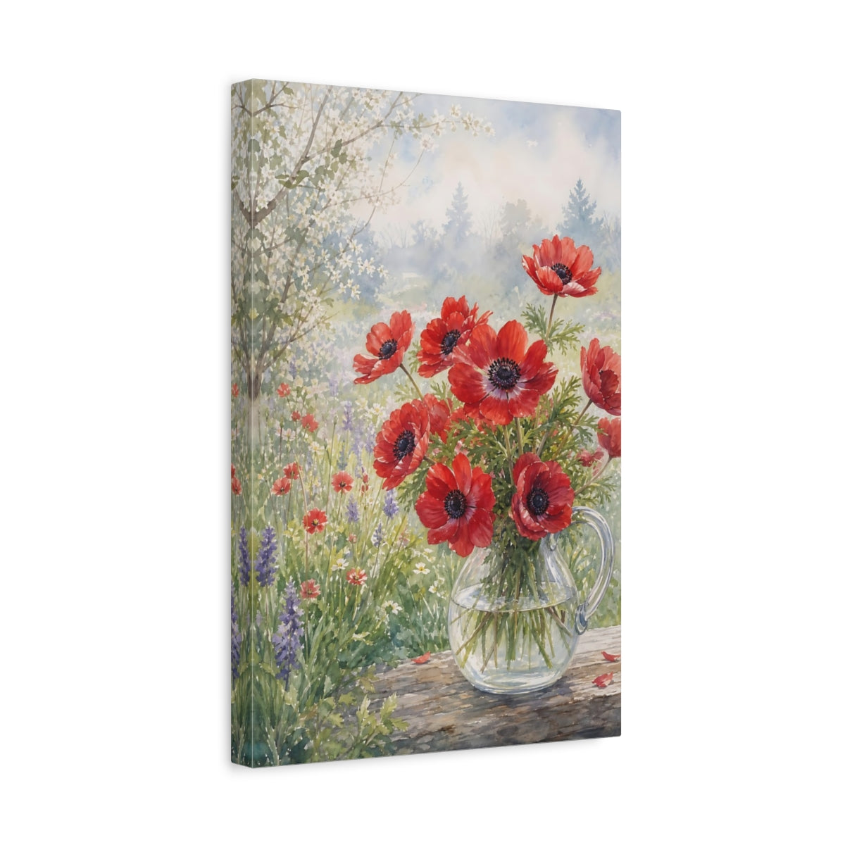 Side Mockup 4. Floral Anemones Red Floral shown as stretched canvas wall art