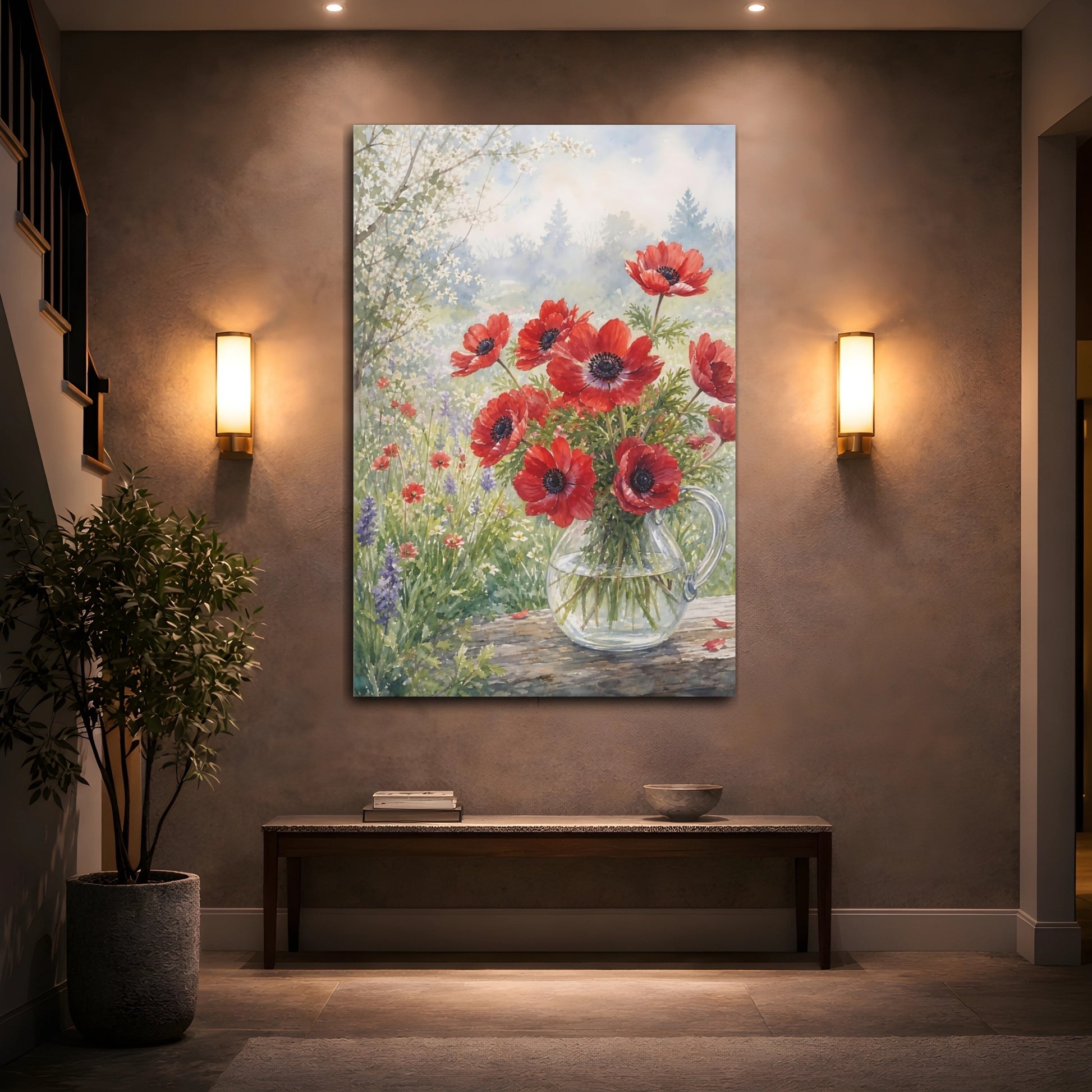 Mockup 2. Floral Anemones Red Floral shown as stretched canvas wall art