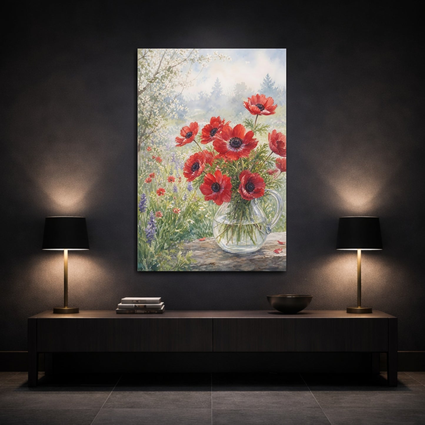 Mockup 3. Floral Anemones Red Floral shown as stretched canvas wall art