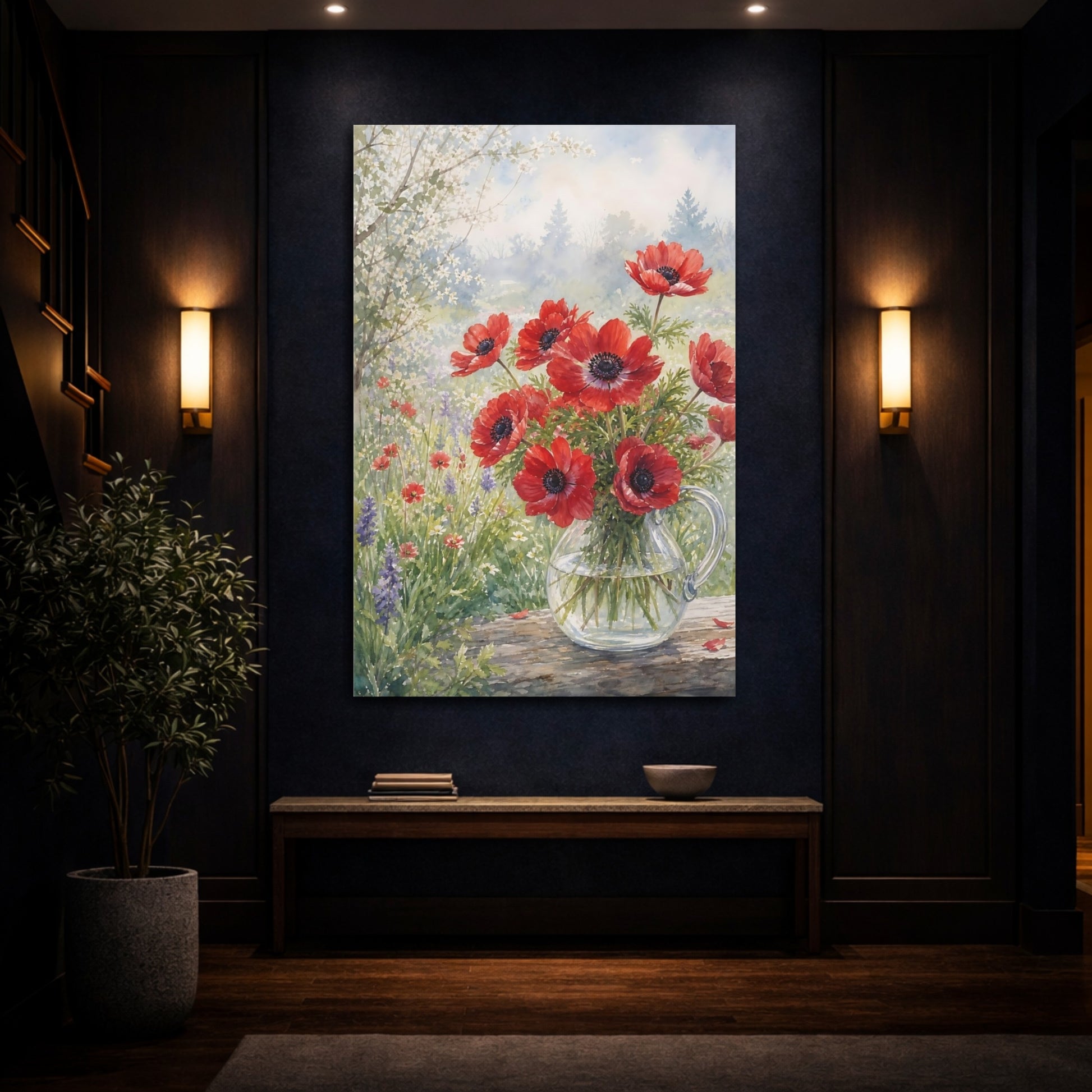 Mockup 4. Floral Anemones Red Floral shown as stretched canvas wall art
