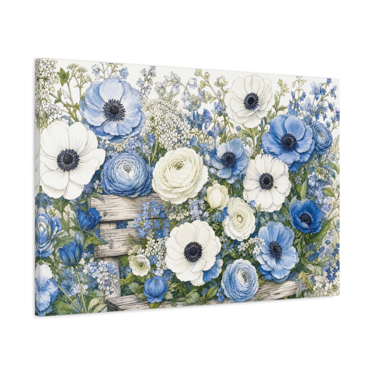 Main Mockup. Floral Anemones, Ranunculus Blue And White Floral shown as stretched canvas wall art