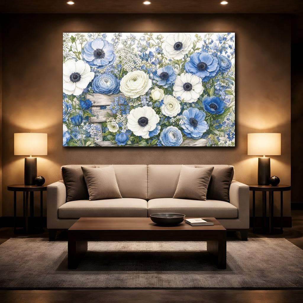 Mockup 2. Floral Anemones, Ranunculus Blue And White Floral shown as stretched canvas wall art