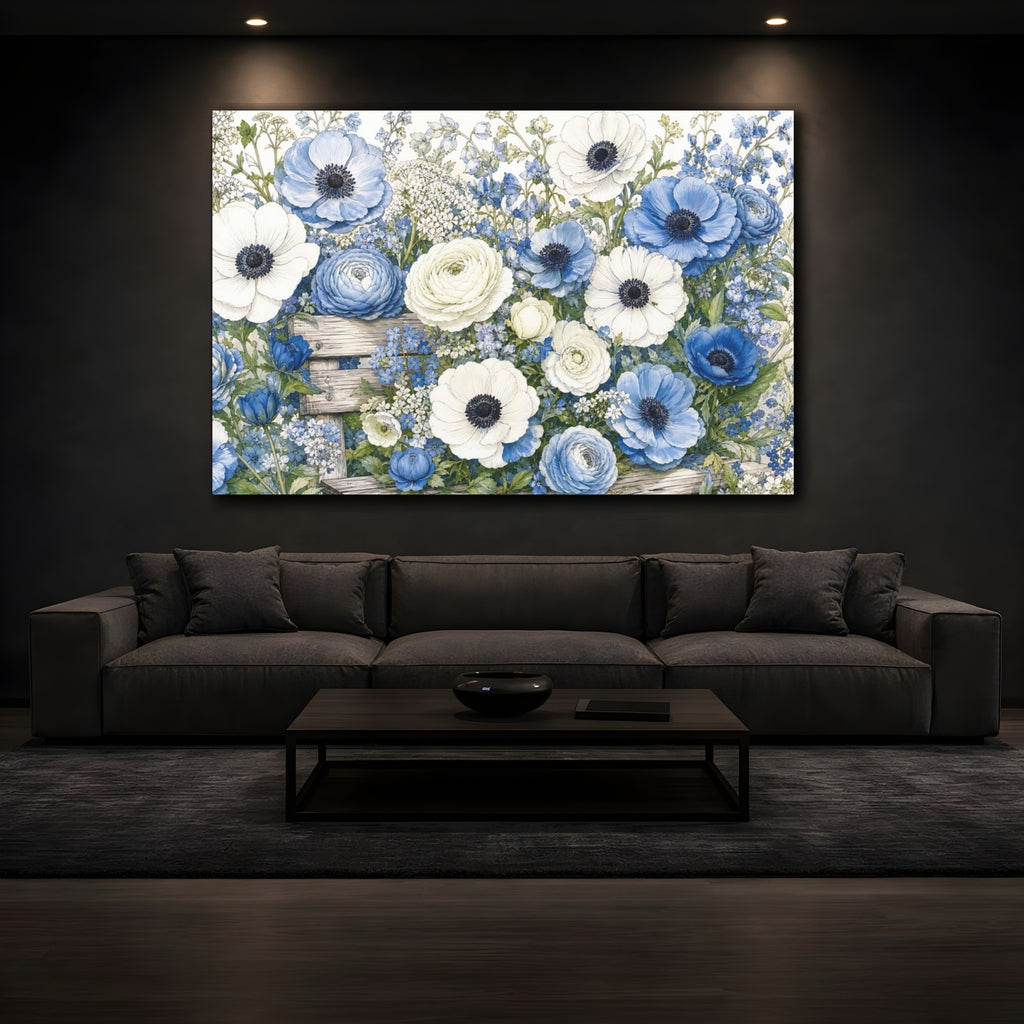 Mockup 3. Floral Anemones, Ranunculus Blue And White Floral shown as stretched canvas wall art