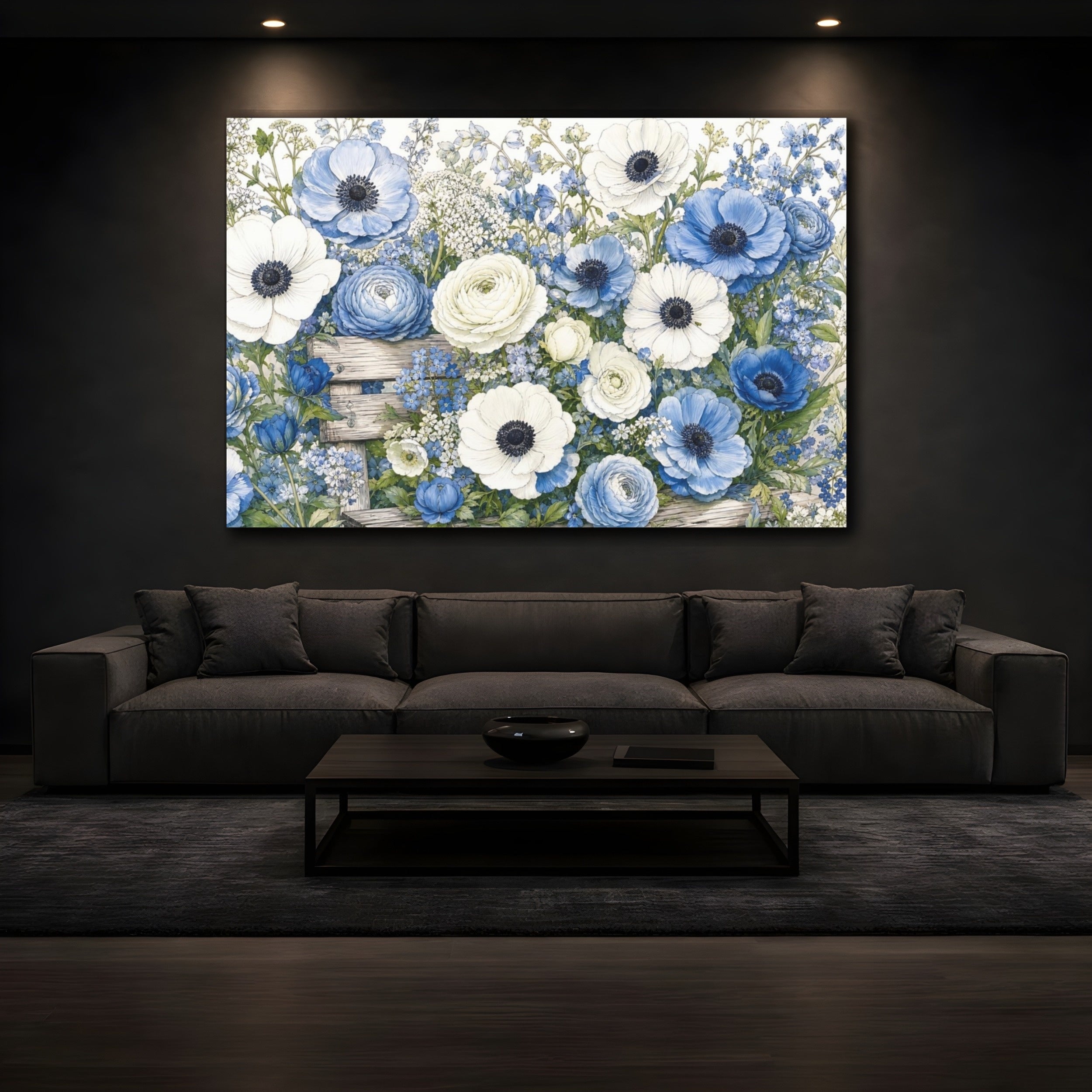 Mockup 3. Floral Anemones, Ranunculus Blue And White Floral shown as stretched canvas wall art