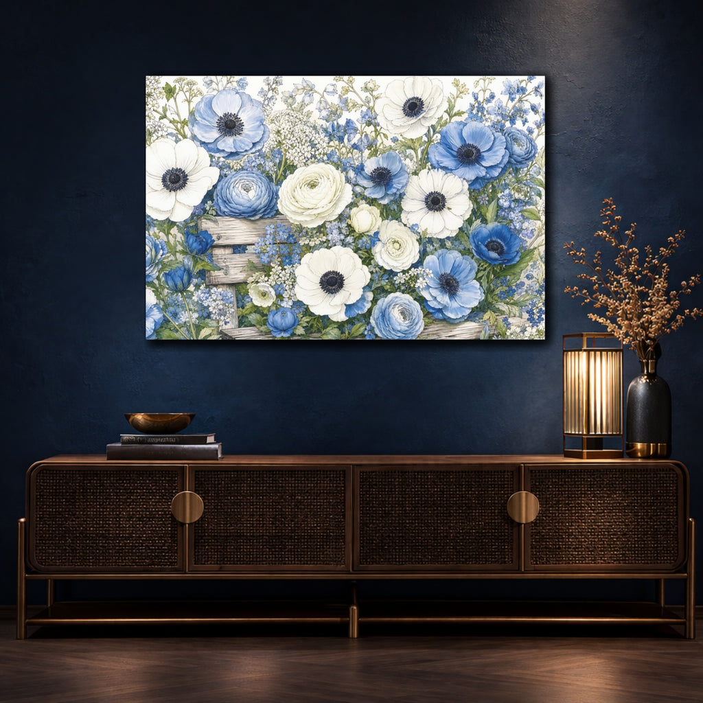 Mockup 4. Floral Anemones, Ranunculus Blue And White Floral shown as stretched canvas wall art