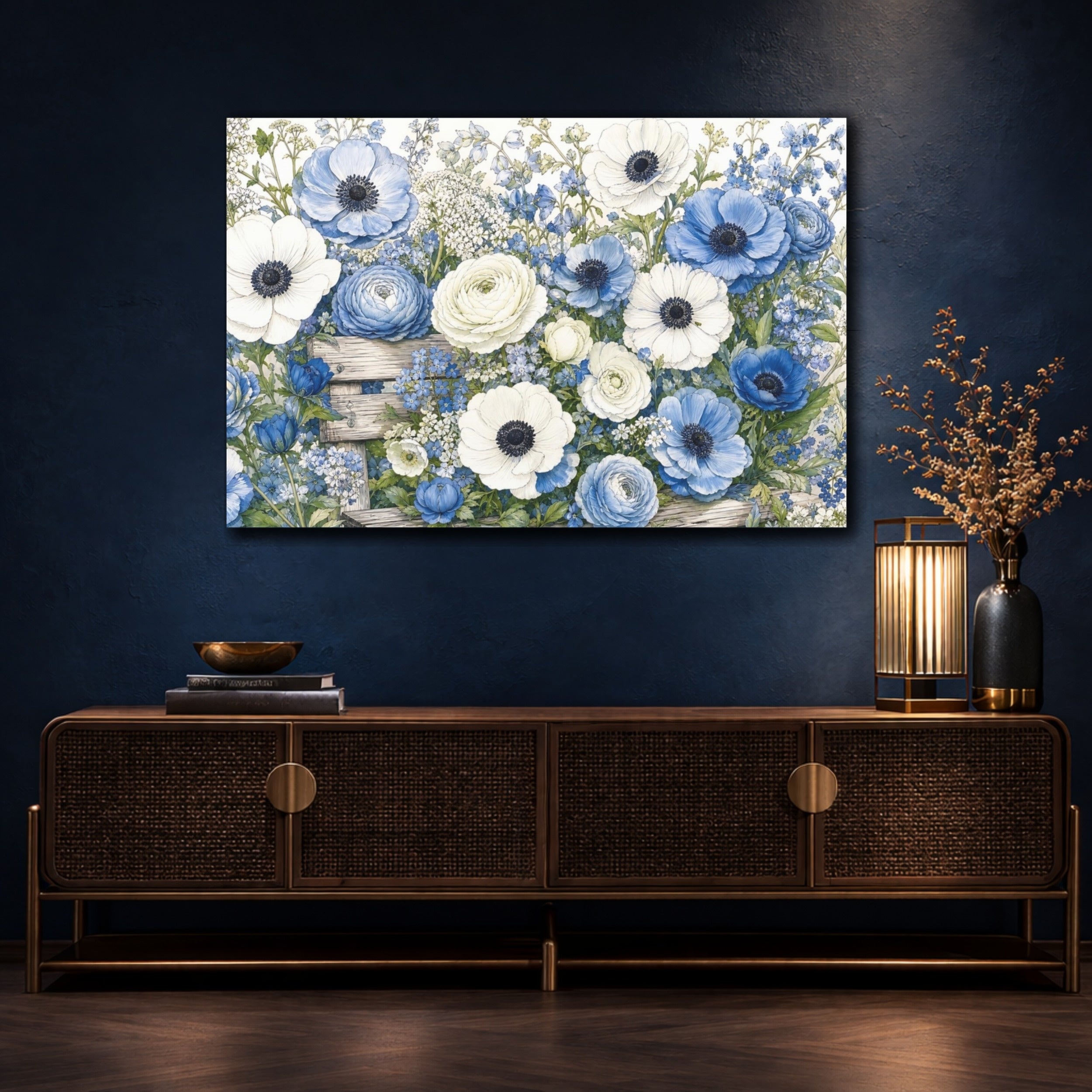 Mockup 4. Floral Anemones, Ranunculus Blue And White Floral shown as stretched canvas wall art