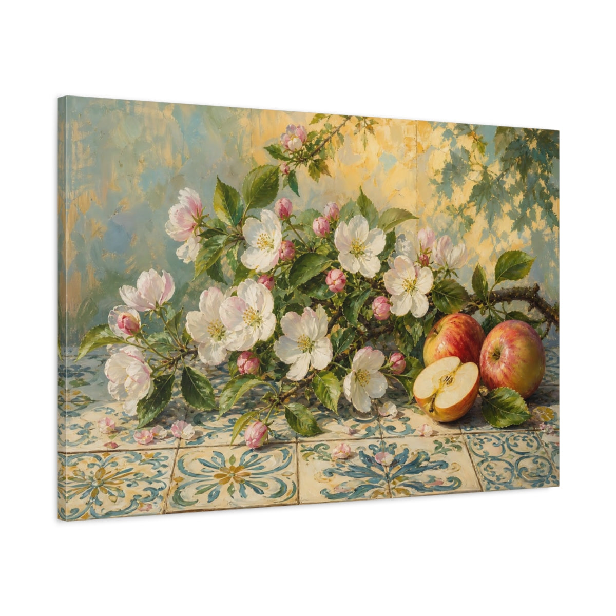 Main Mockup. Floral Apple Blossoms Multicolor Floral shown as stretched canvas wall art