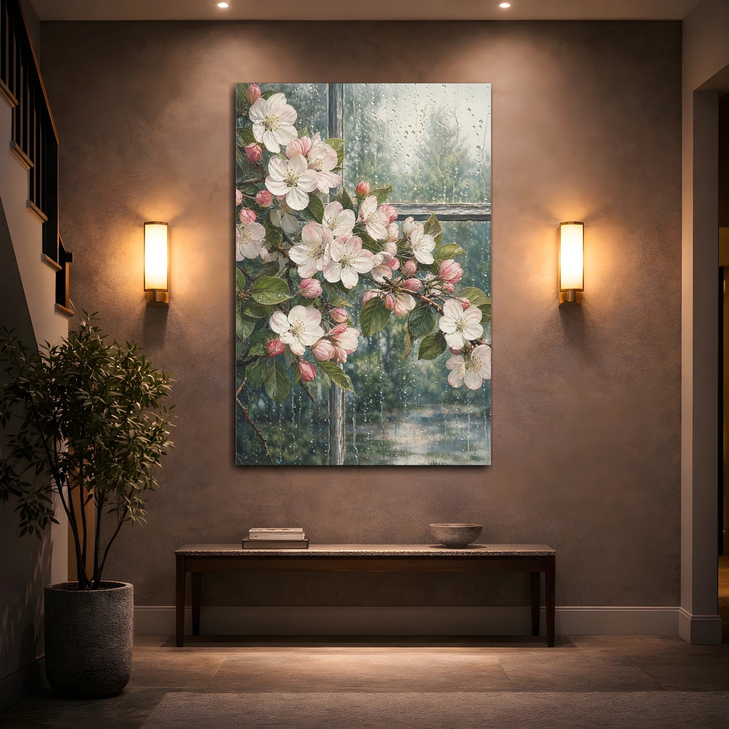 Mockup 2. Floral Apple Blossoms Pink Blossoms Rain shown as stretched canvas wall art