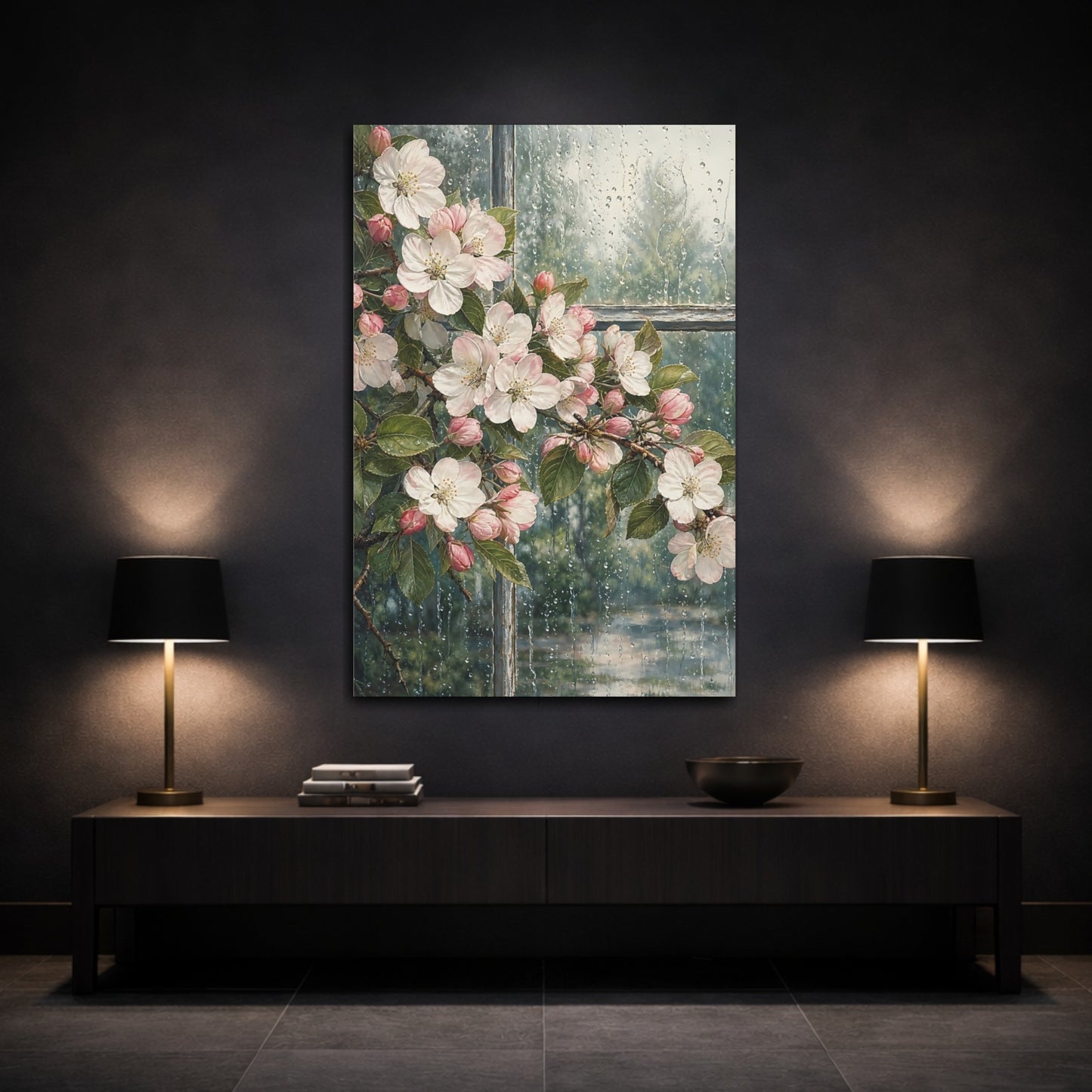 Mockup 3. Floral Apple Blossoms Pink Blossoms Rain shown as stretched canvas wall art