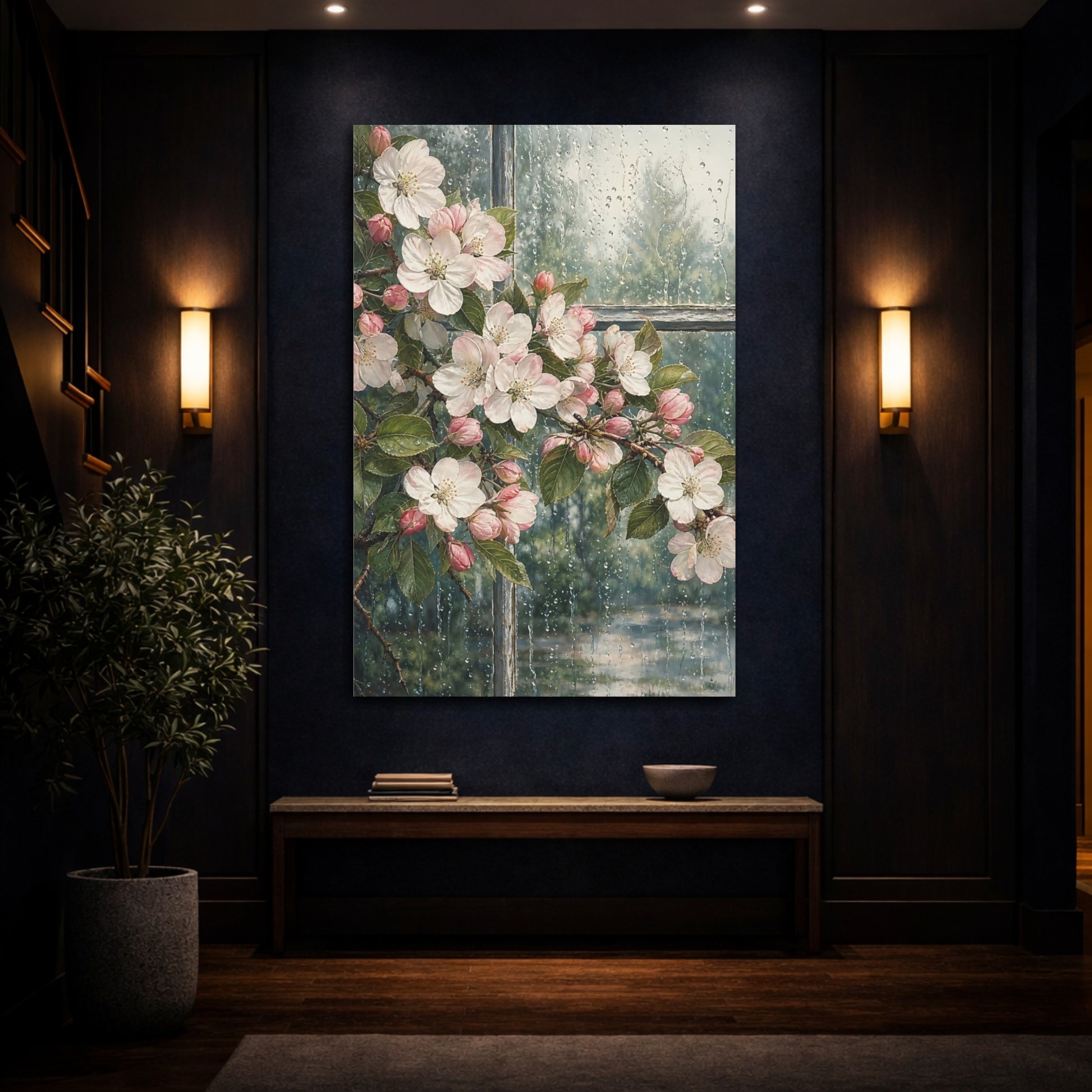 Mockup 4. Floral Apple Blossoms Pink Blossoms Rain shown as stretched canvas wall art