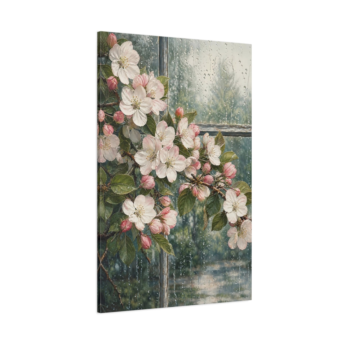 Side Mockup 1. Floral Apple Blossoms Pink Blossoms Rain shown as stretched canvas wall art