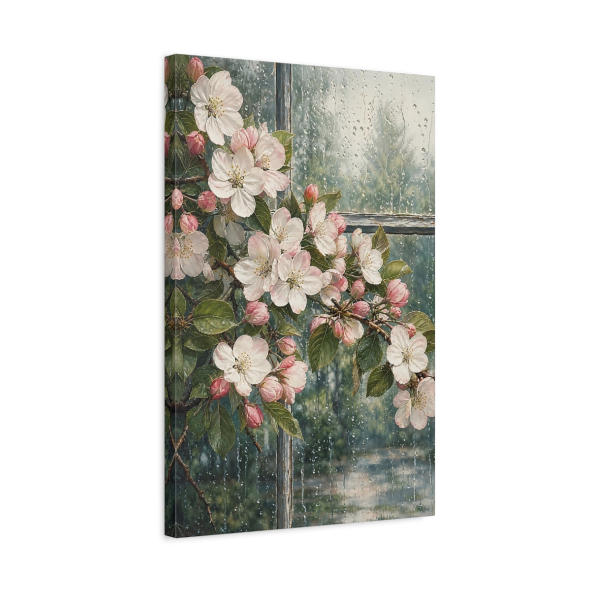 Side Mockup 3. Floral Apple Blossoms Pink Blossoms Rain shown as stretched canvas wall art