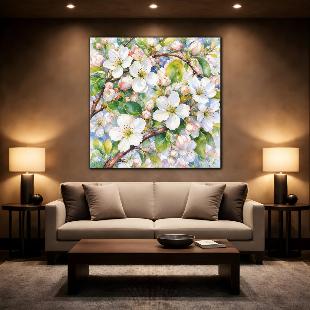 Mockup 2. Floral Apple Blossoms Spring Blossoms shown as stretched canvas wall art