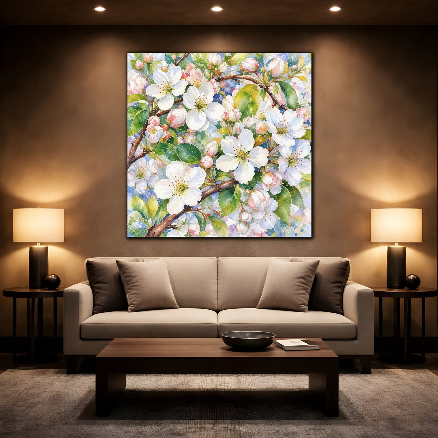 Mockup 2. Floral Apple Blossoms Spring Blossoms shown as stretched canvas wall art